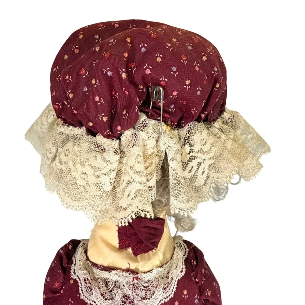VTG 70s Grandmother Cloth Doll Burgundy Calico Bag Holder Handmade Hanging Decor
